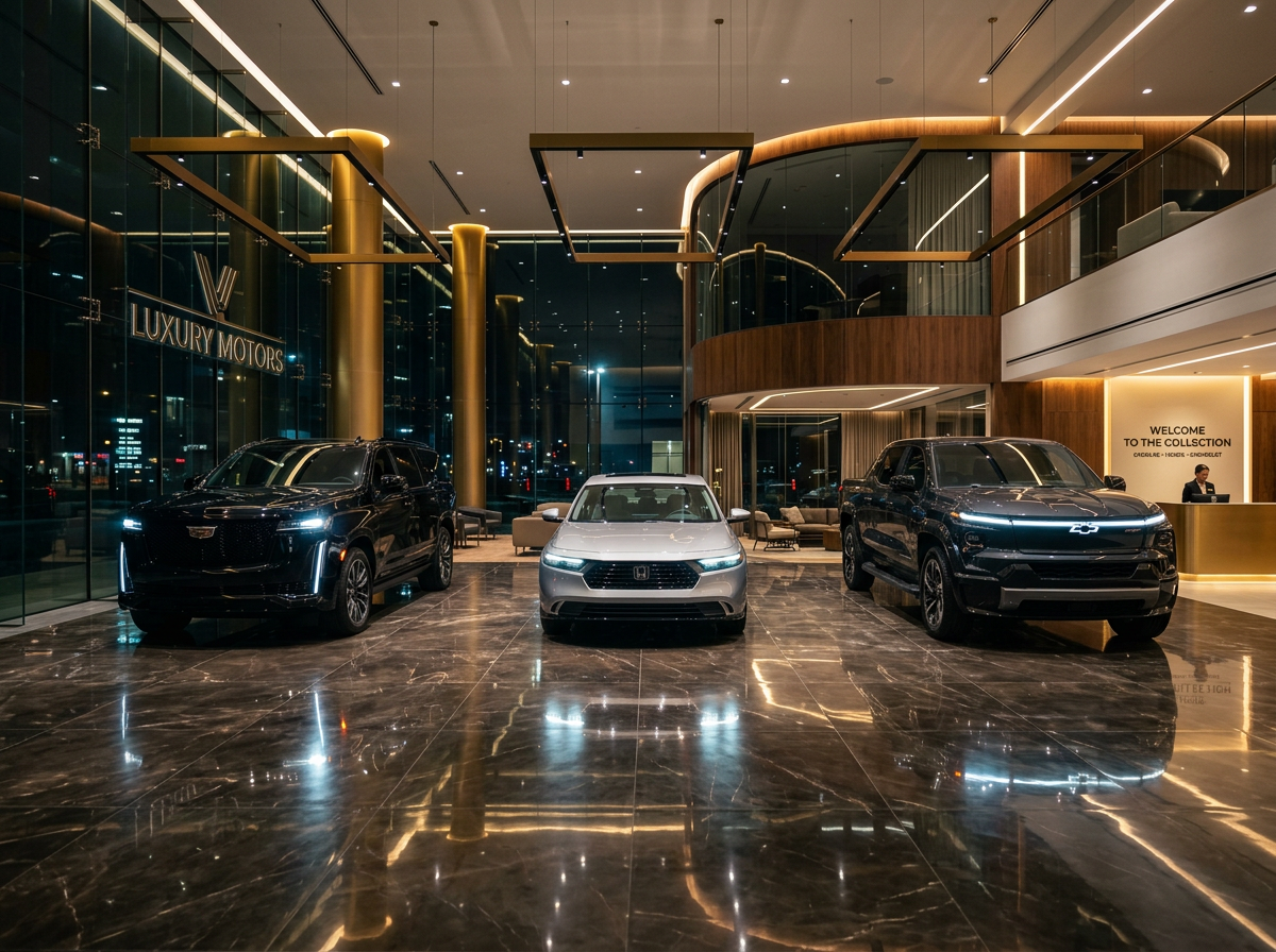 Luxury automotive showroom featuring Cadillac, Honda, and Chevrolet vehicles